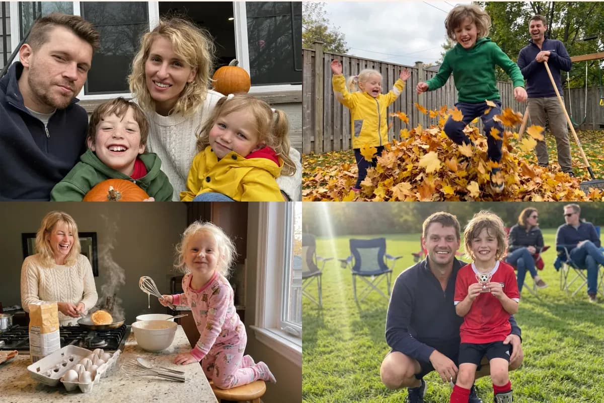 Four-photo postcard front: porch and pumpkin, leaf pile, pancakes, a soccer trophy