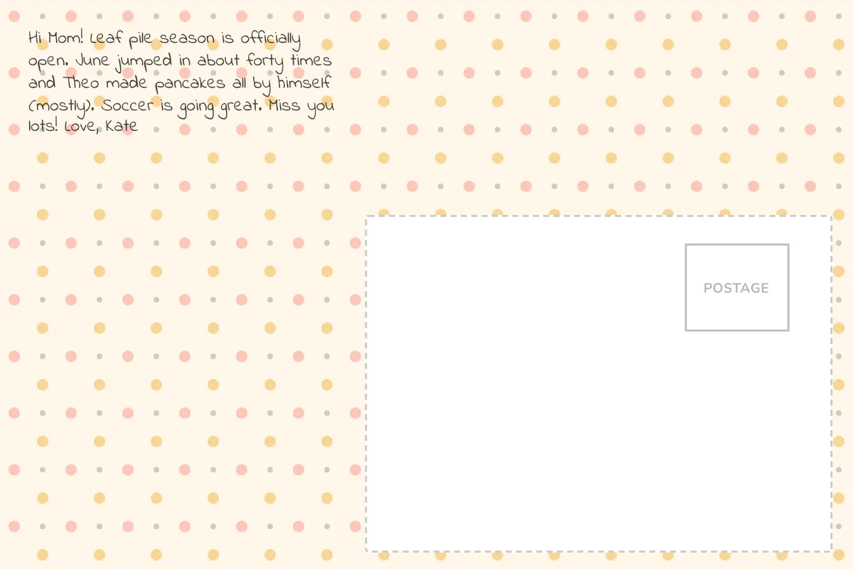 Postcard back with a message to Mom in a handwriting-style font, blank address area and postage box
