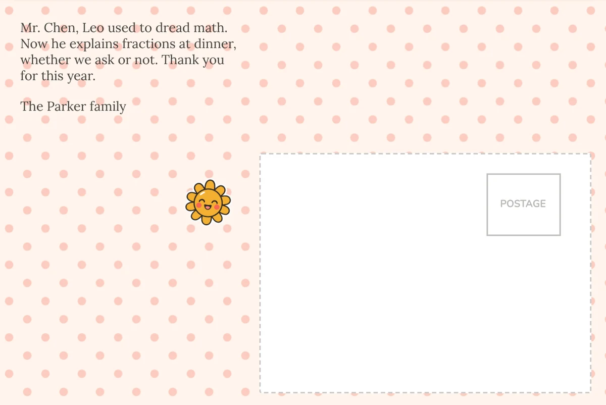 Card back on the Dots pattern with a note to Mr. Chen about fractions at dinner, signed by the Parker family in a plain font, with a sunshine sticker