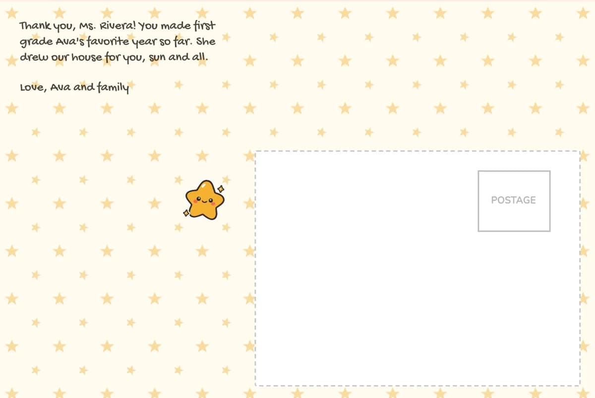 Card back on the Stars pattern with a note to Ms. Rivera from Ava and family in a handwriting-style font, a gold star sticker and the address box