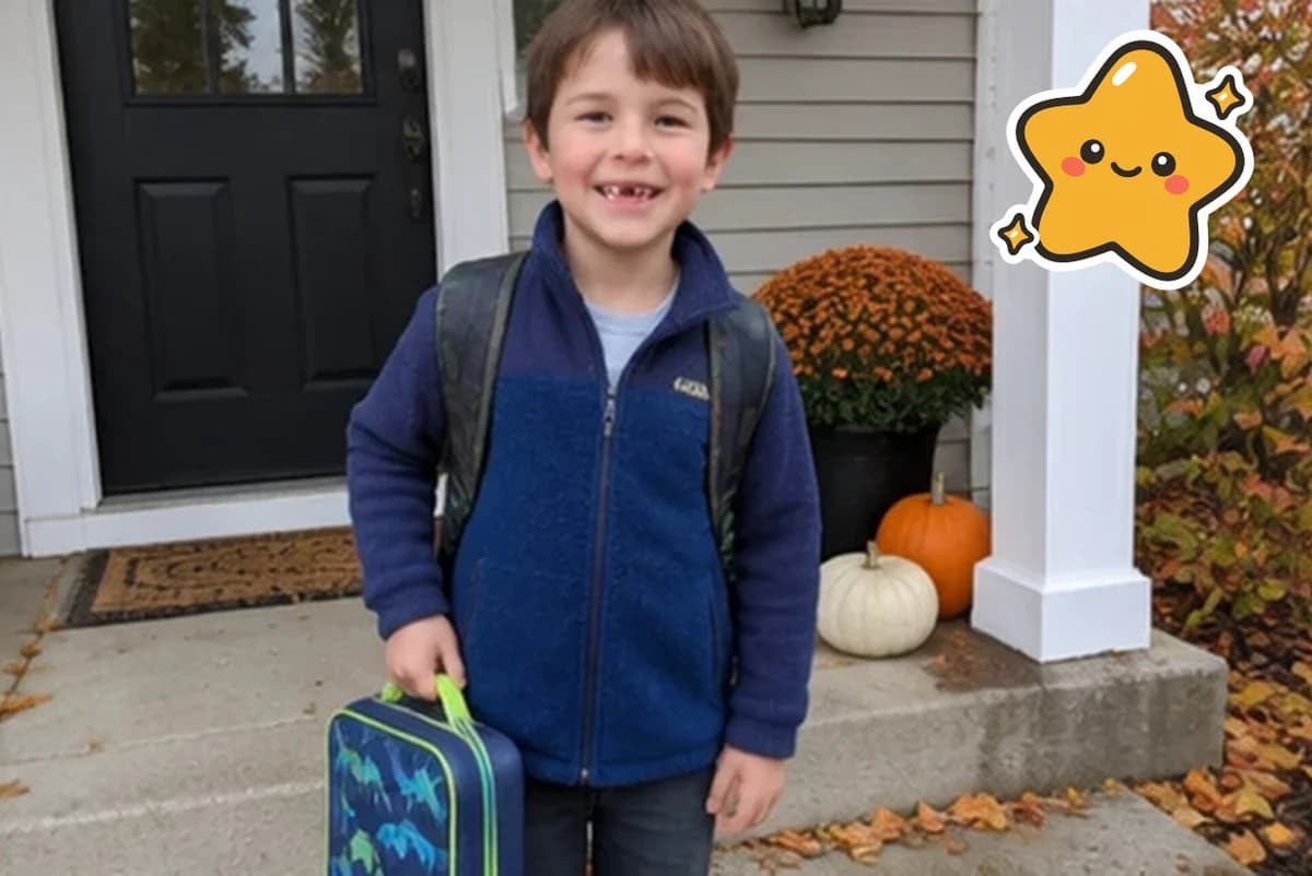 Card front with one photo of a smiling boy holding a lunchbox on a front porch in the fall, with a gold star sticker