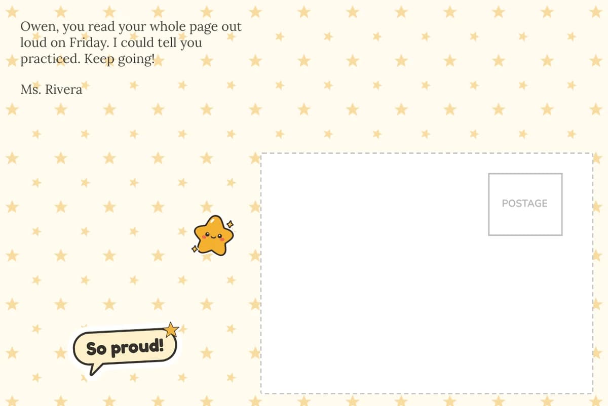 Card back on a gold stars design: a note to Owen about reading his whole page out loud, with a So proud! banner and a star sticker