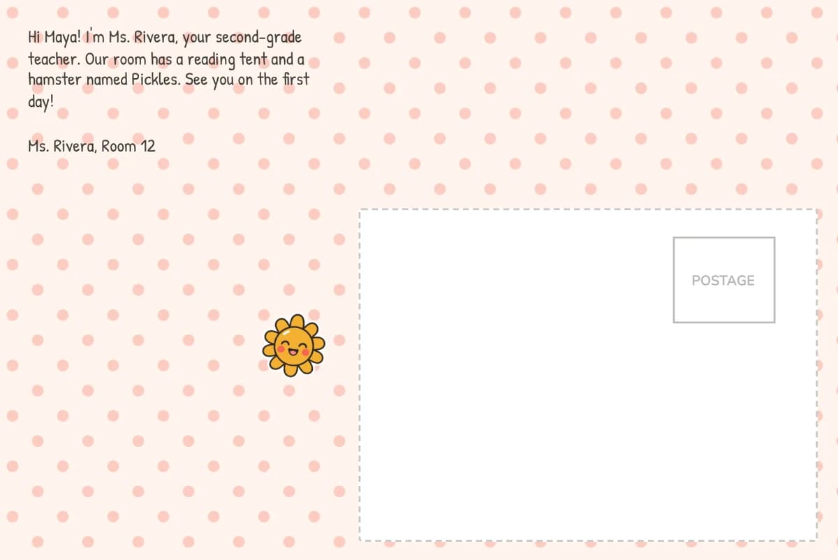 Card back on a peach polka-dot design: a welcome note from Ms. Rivera to Maya about a reading tent and a hamster named Pickles, with a sun sticker