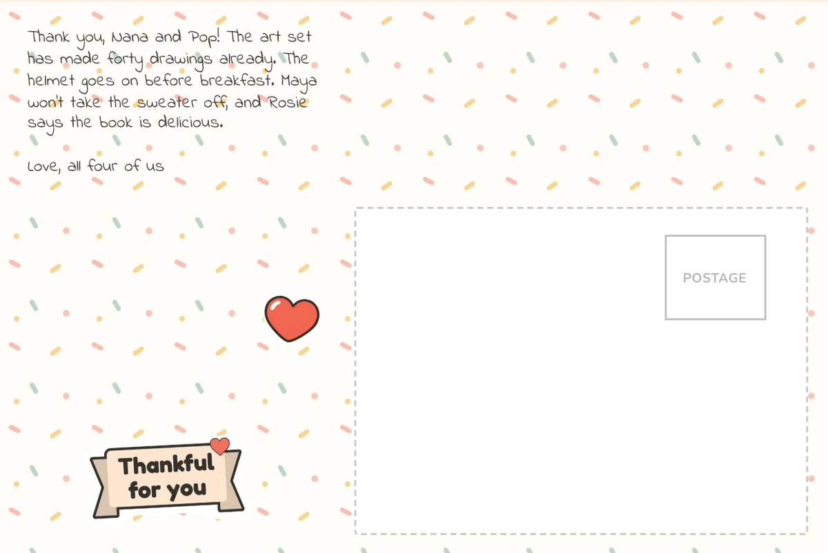 Card back on the Confetti pattern with a note to Nana and Pop in a handwriting-style font, a Thankful for you banner and a heart sticker