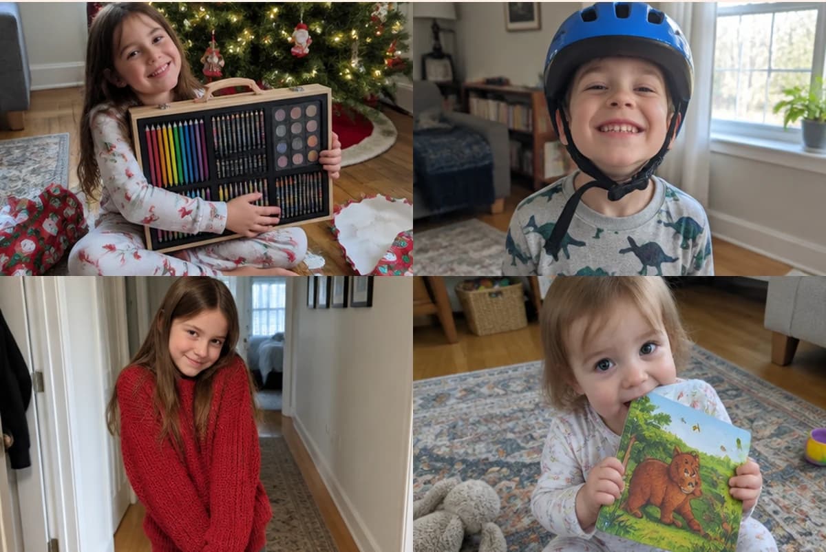 Card front with four photos of kids and their gifts: a girl hugging an art set by the tree, a boy in a blue bike helmet, a girl in a red sweater, a toddler chewing a picture book