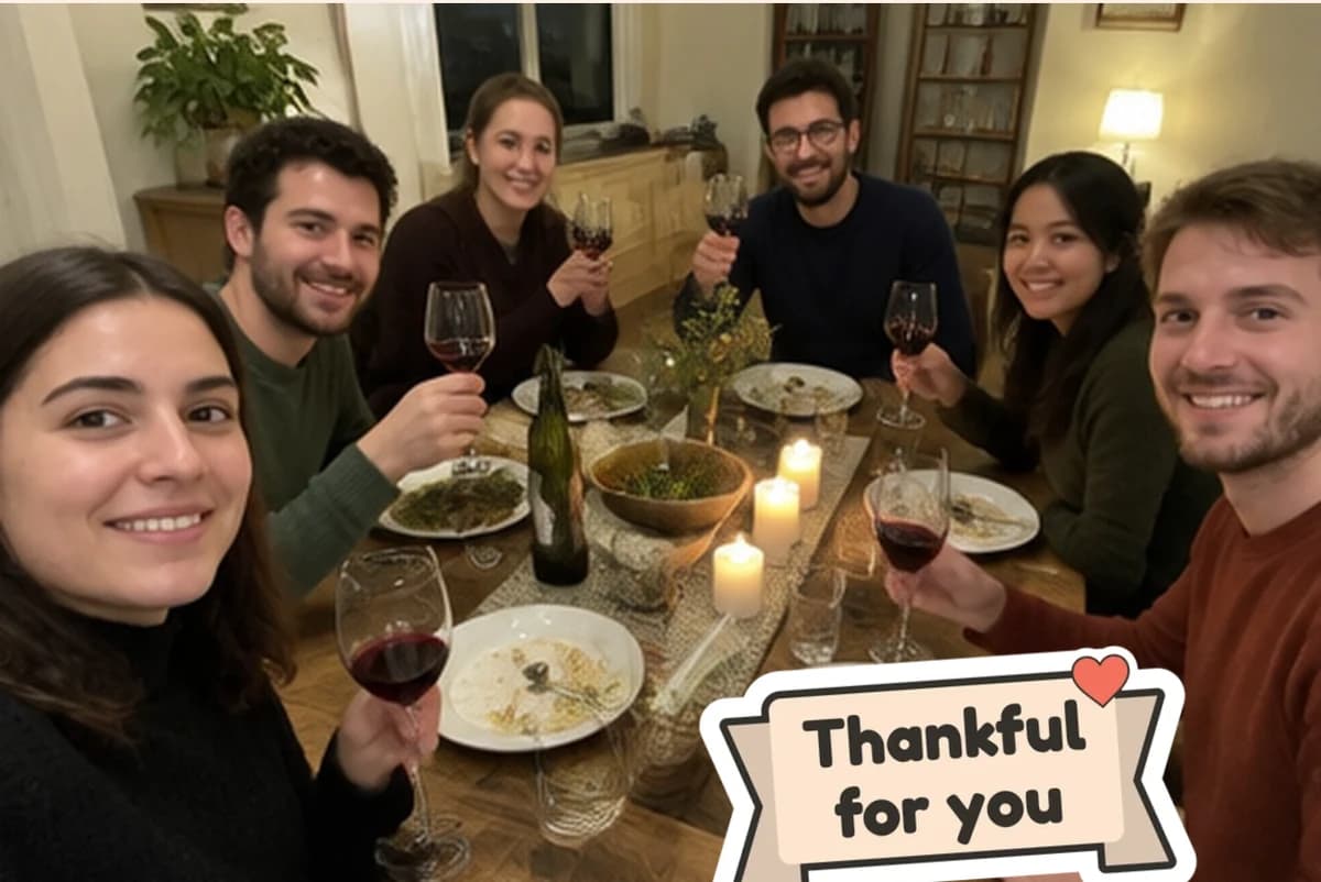 Card front with one photo of six friends raising wine glasses around a candlelit dinner table, with a Thankful for you sticker
