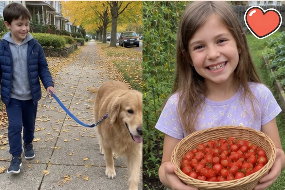 Card front with two photos side by side: a boy walking a golden retriever down a leafy sidewalk, and a girl holding a basket of cherry tomatoes