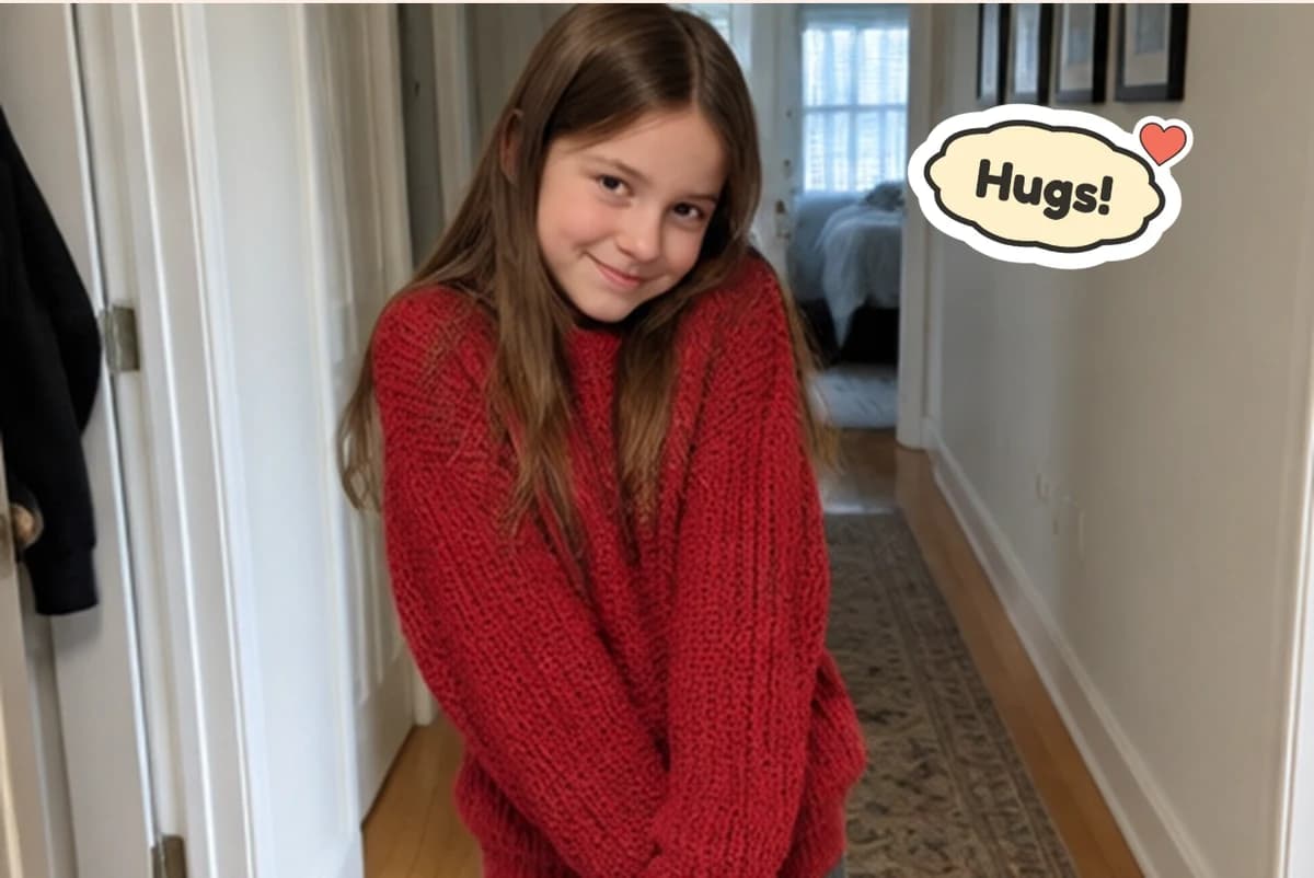 Card front with one full-size photo of a girl in a chunky red knitted sweater in a hallway, with a Hugs! sticker