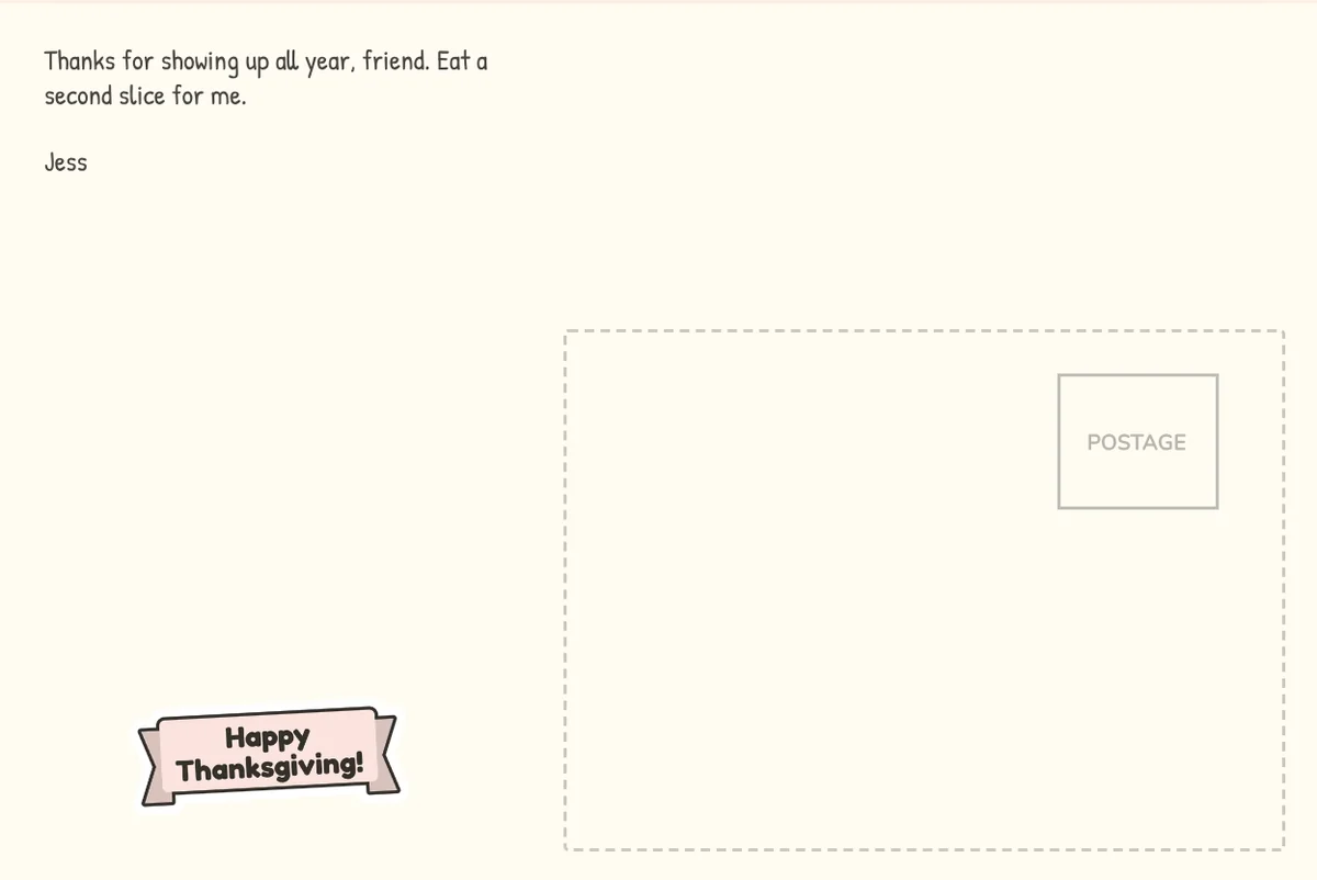 Card back on a plain cream background with a short note to a friend in a handwriting-style font and a Happy Thanksgiving banner