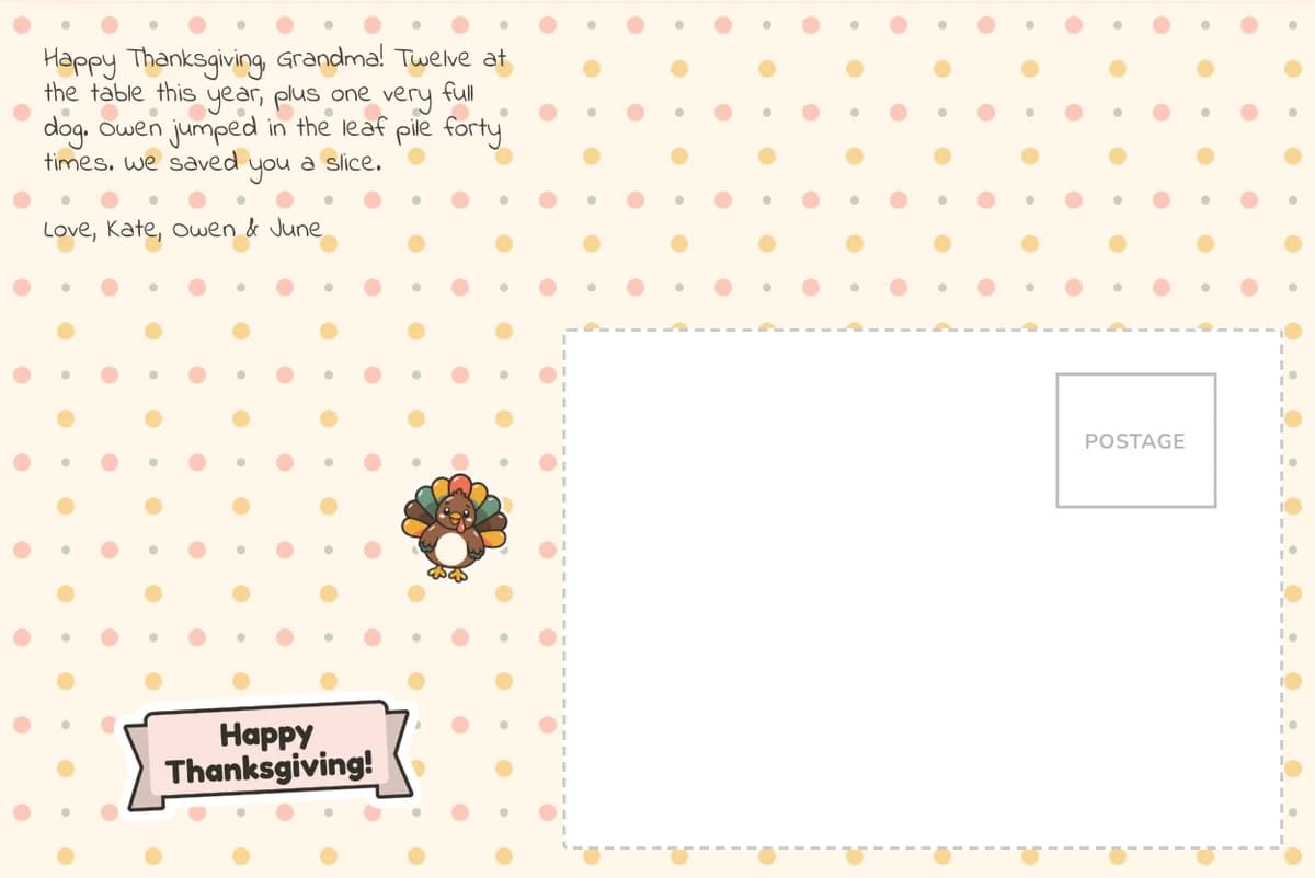 Card back on the Autumn polka-dot pattern with a printed note to Grandma, a Happy Thanksgiving banner, a turkey sticker and the address box