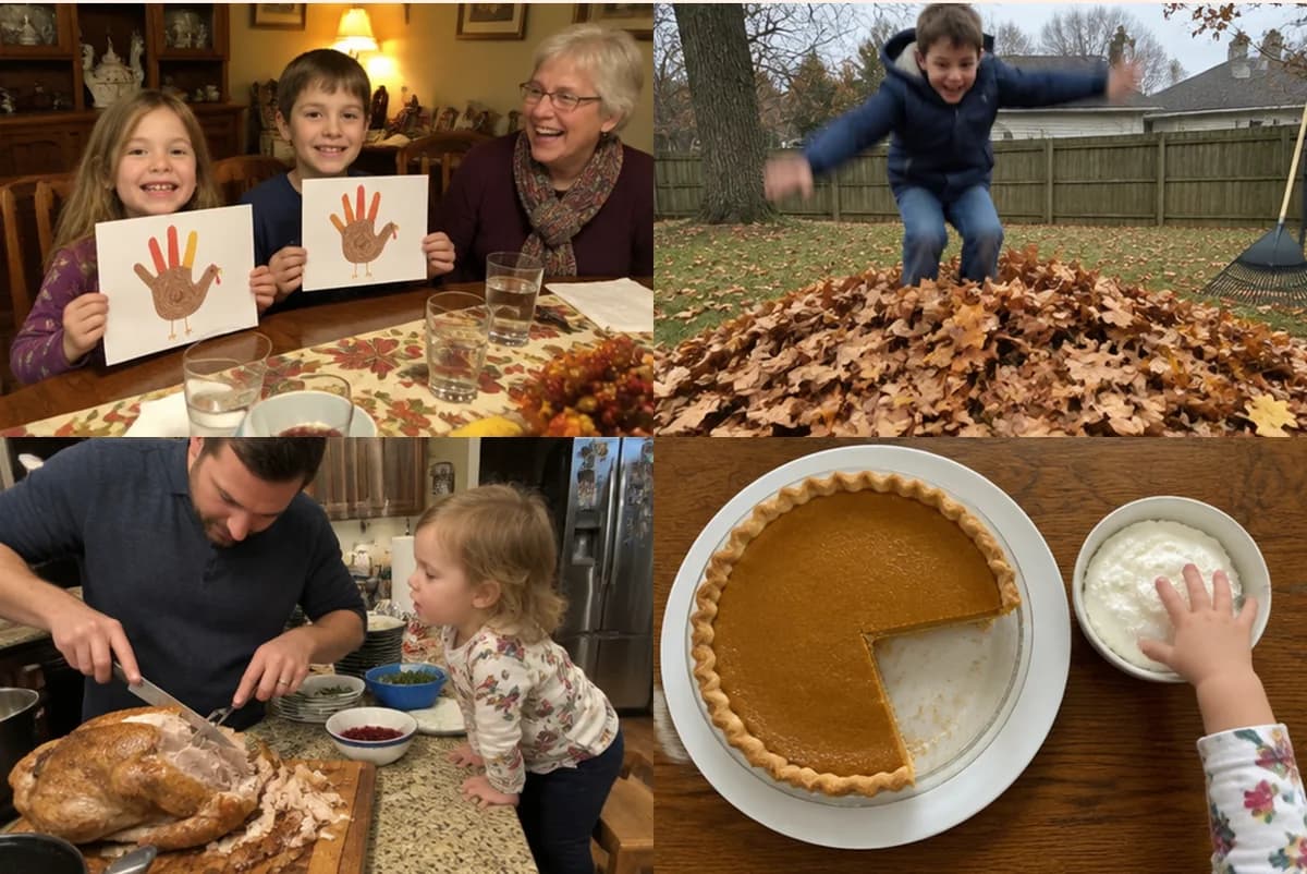 Card front with four fall photos: kids holding paper hand turkeys beside their grandmother, a boy jumping into leaves, a dad carving the turkey, a pumpkin pie