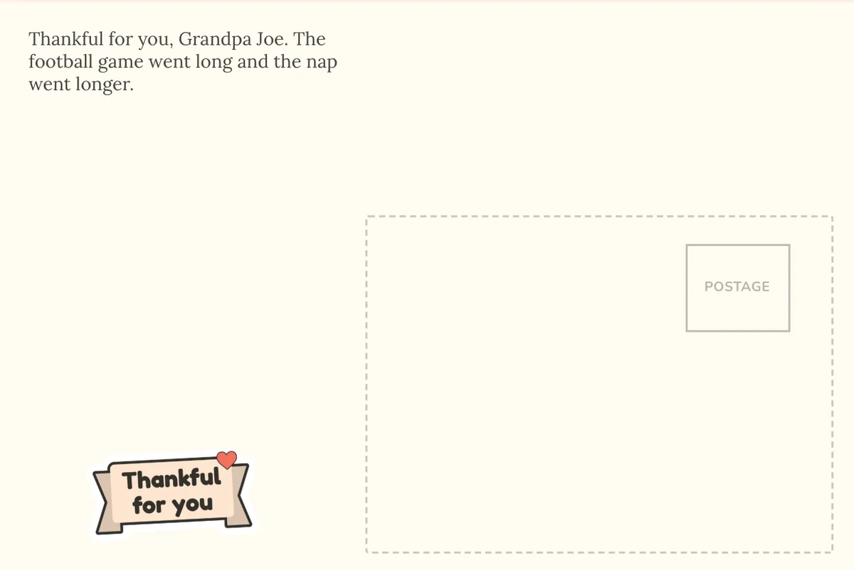 Card back on a plain cream background with a note in a plain serif font and a Thankful for you sticker