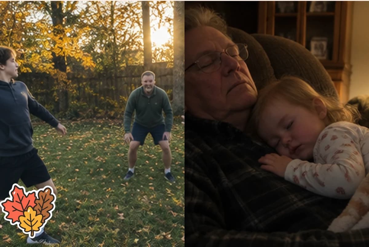 Card front with two photos side by side, a backyard football game in low autumn sun and a grandpa asleep in his armchair with a toddler, with an autumn leaves sticker