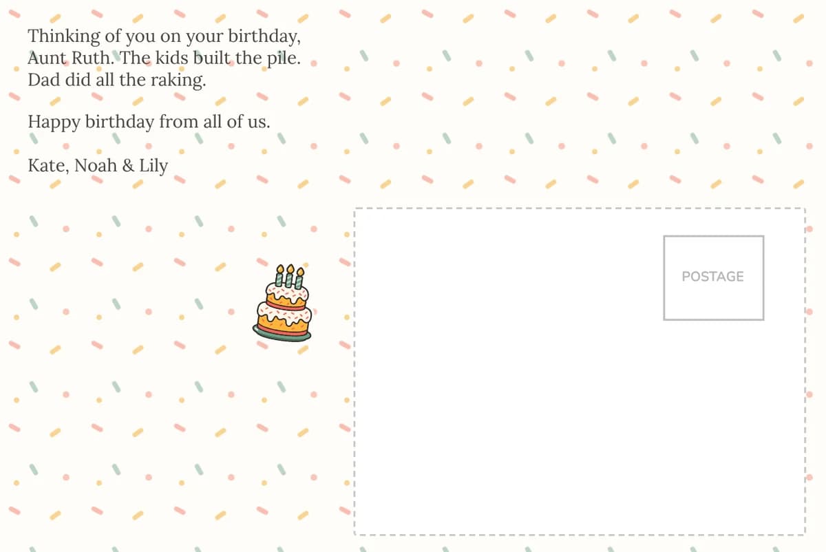 Card back on the confetti pattern with a birthday note to Aunt Ruth from Kate, Noah and Lily, and a birthday cake sticker