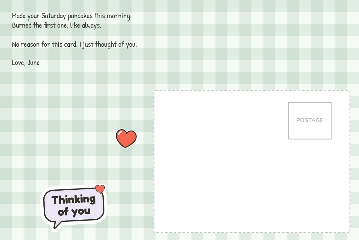 Card back on the green gingham pattern with a note about burning the first pancake, signed June, a heart and a Thinking of you sticker