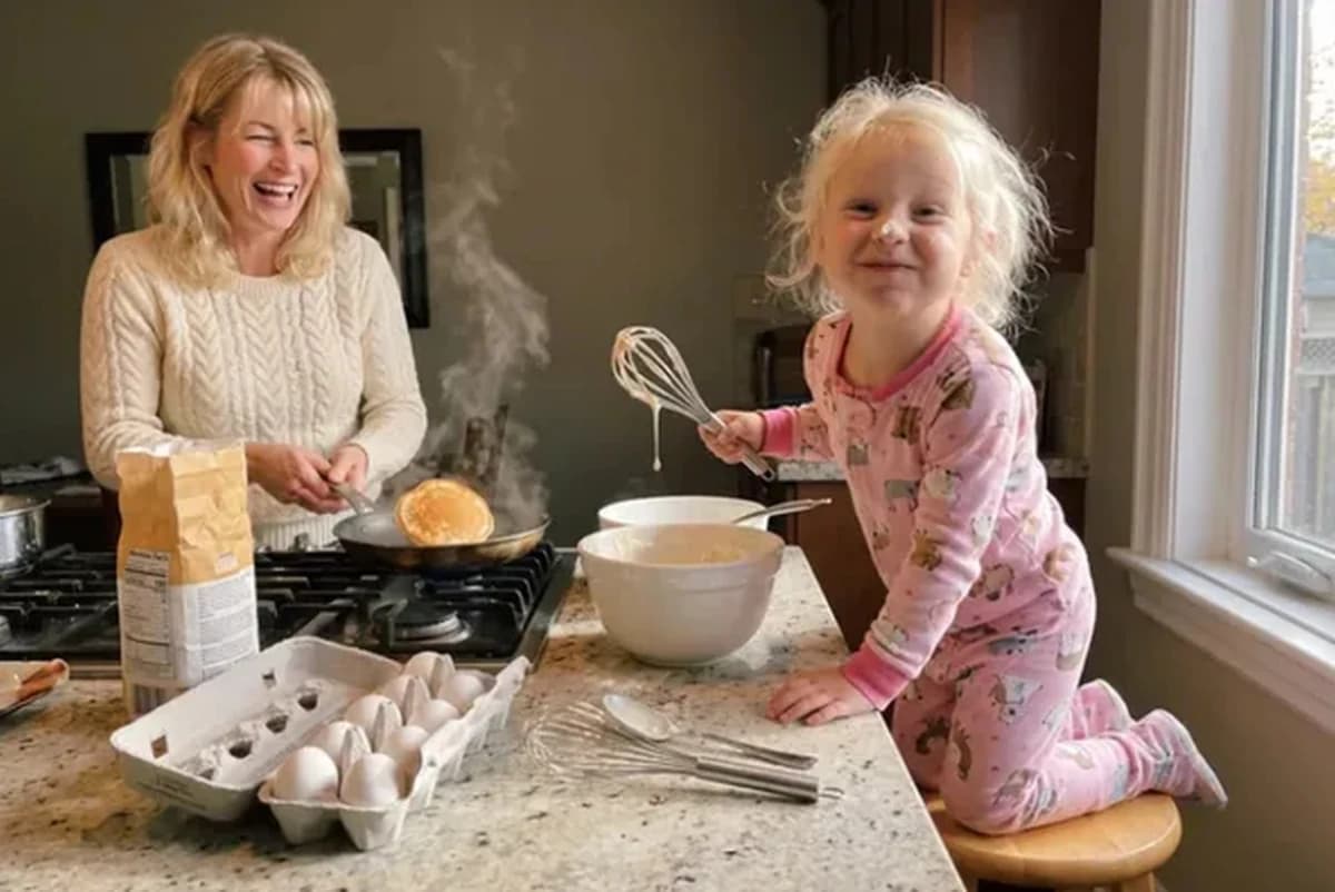Card front with one full-size photo of a laughing woman at the stove flipping a pancake while a toddler in pink pajamas holds a whisk