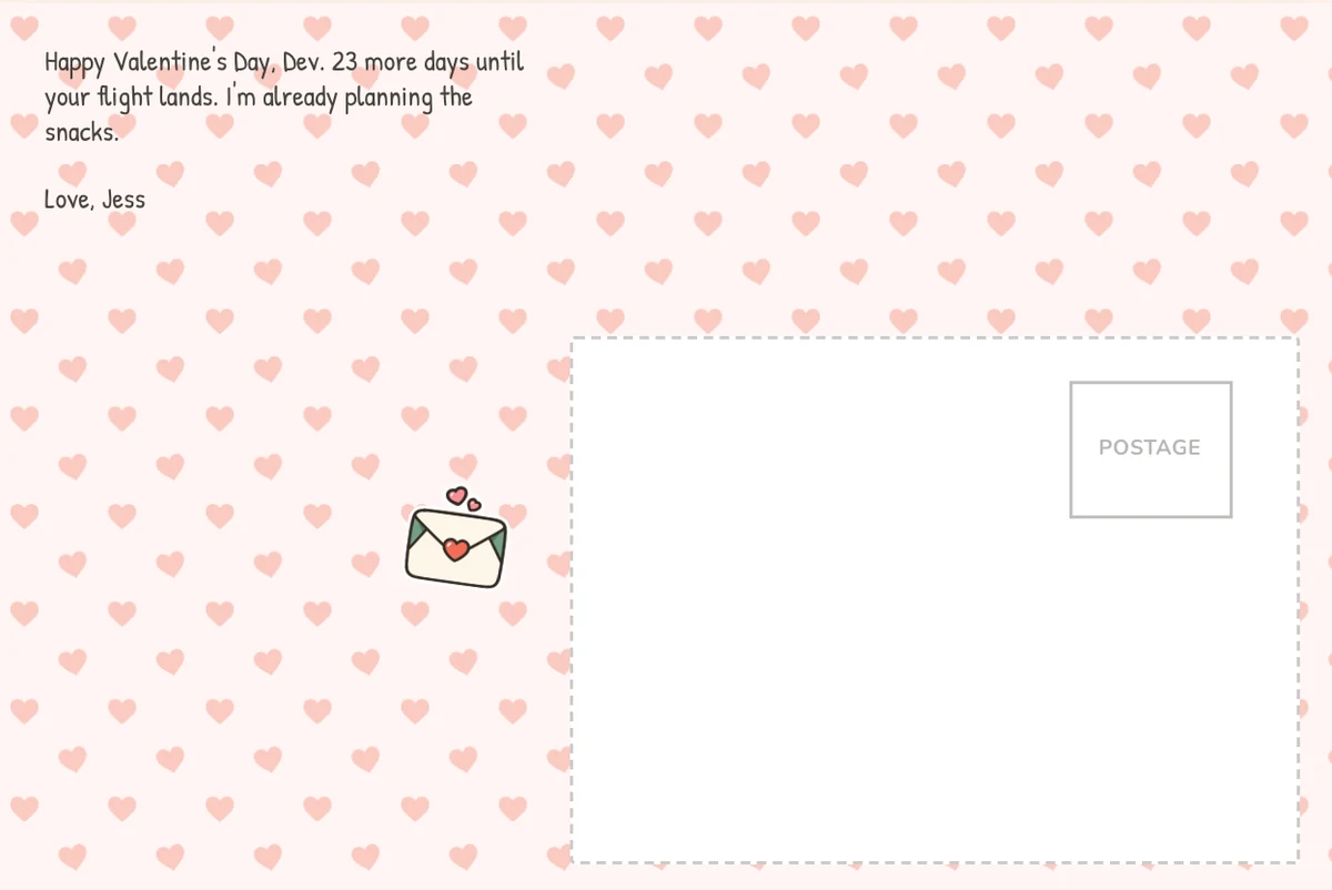 Card back on the hearts pattern with a note to Dev counting the days until his flight lands, a love letter sticker and the address box
