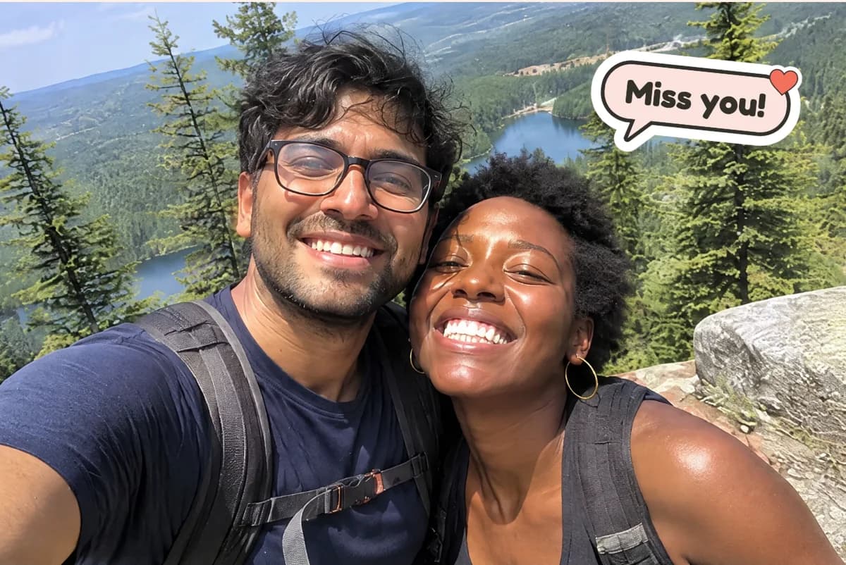 Card front with one selfie of a smiling couple on a forest overlook above a lake, and a Miss you! speech bubble sticker
