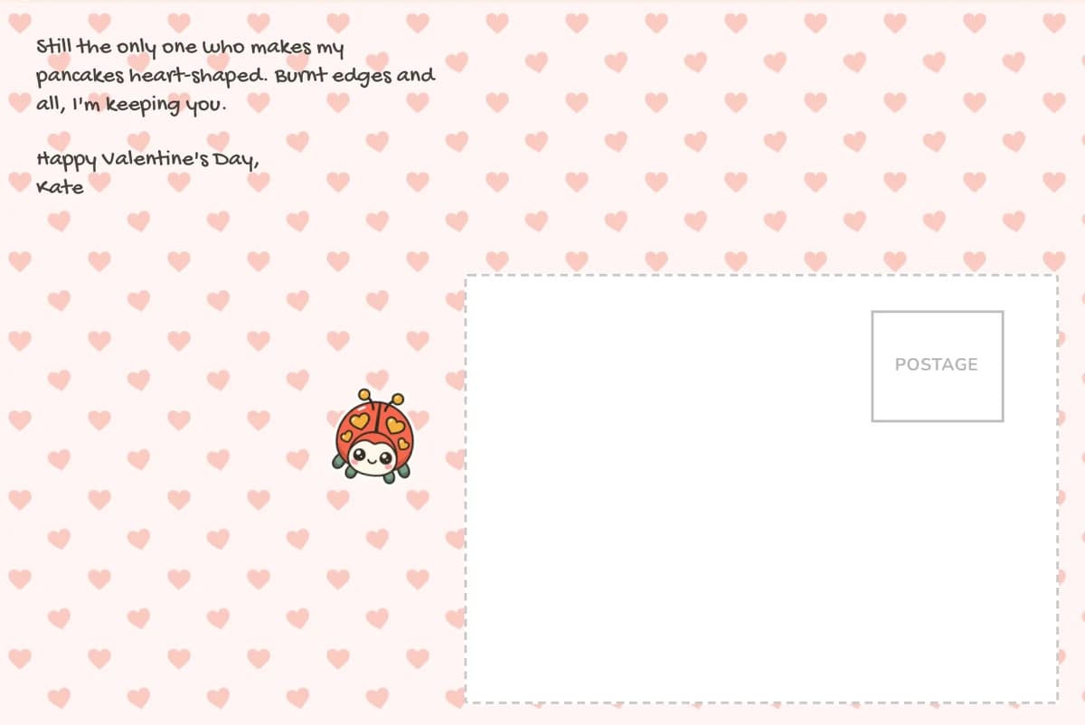 Card back on the hearts pattern with a note about heart-shaped pancakes with burnt edges, a love bug sticker and the address box