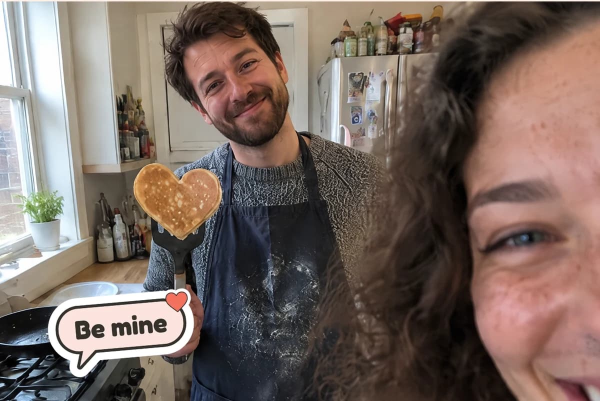 Card front with one photo of a man in a flour-dusted apron holding up a heart-shaped pancake, her smiling face close in the corner, and a Be mine sticker