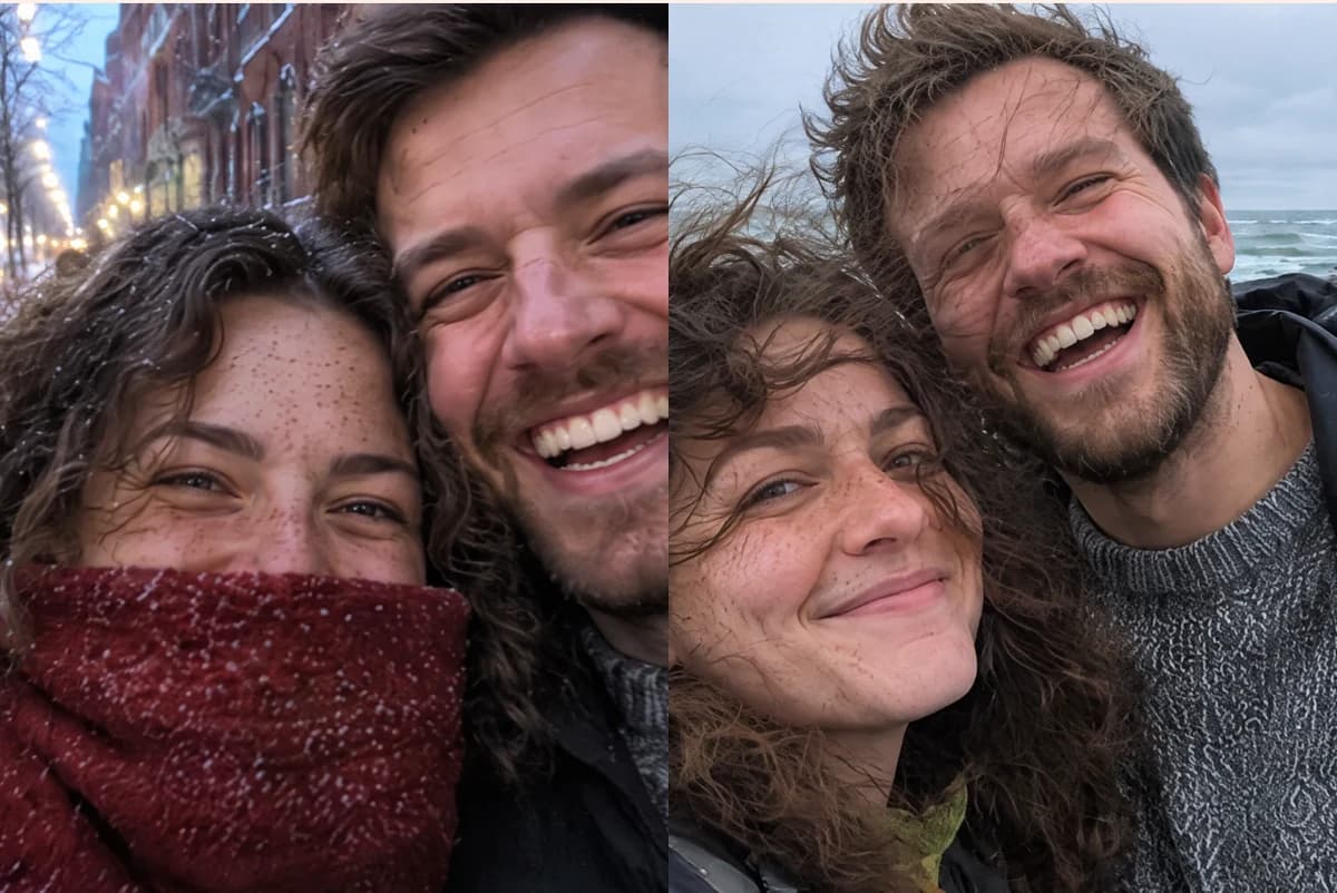Card front with two selfies of a laughing couple, one on a snowy city street with her red scarf over her nose, one on a windy beach