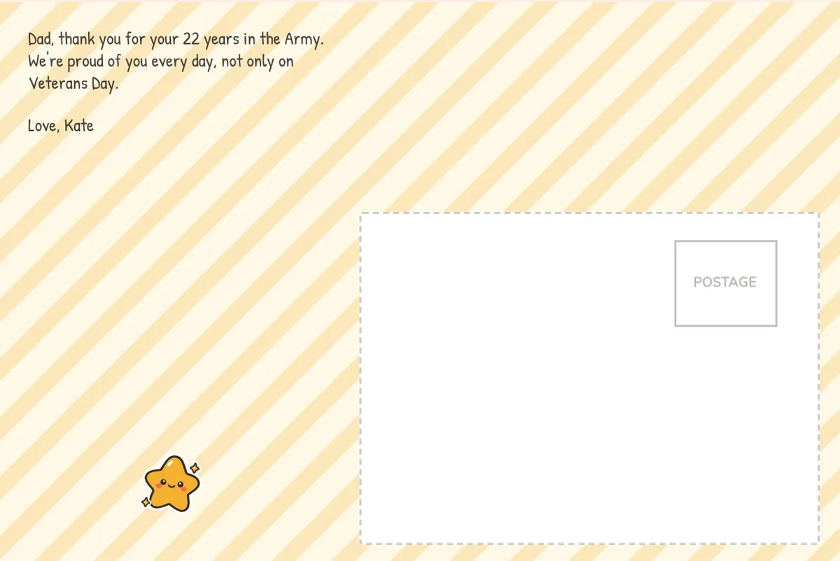 Card back on yellow stripes with a note thanking Dad for 22 years in the Army, in a casual print font, with a gold star sticker
