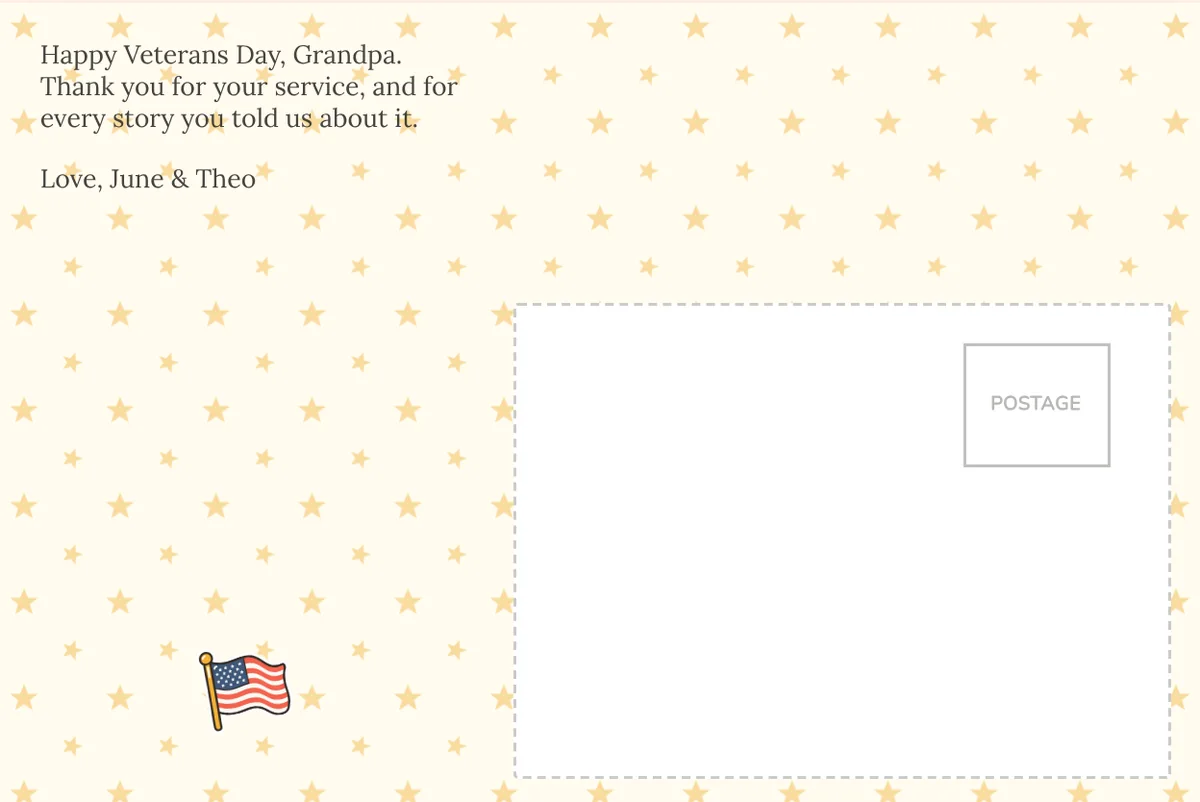Card back on the Stars pattern with a printed note thanking Grandpa for his service and his stories, signed June and Theo