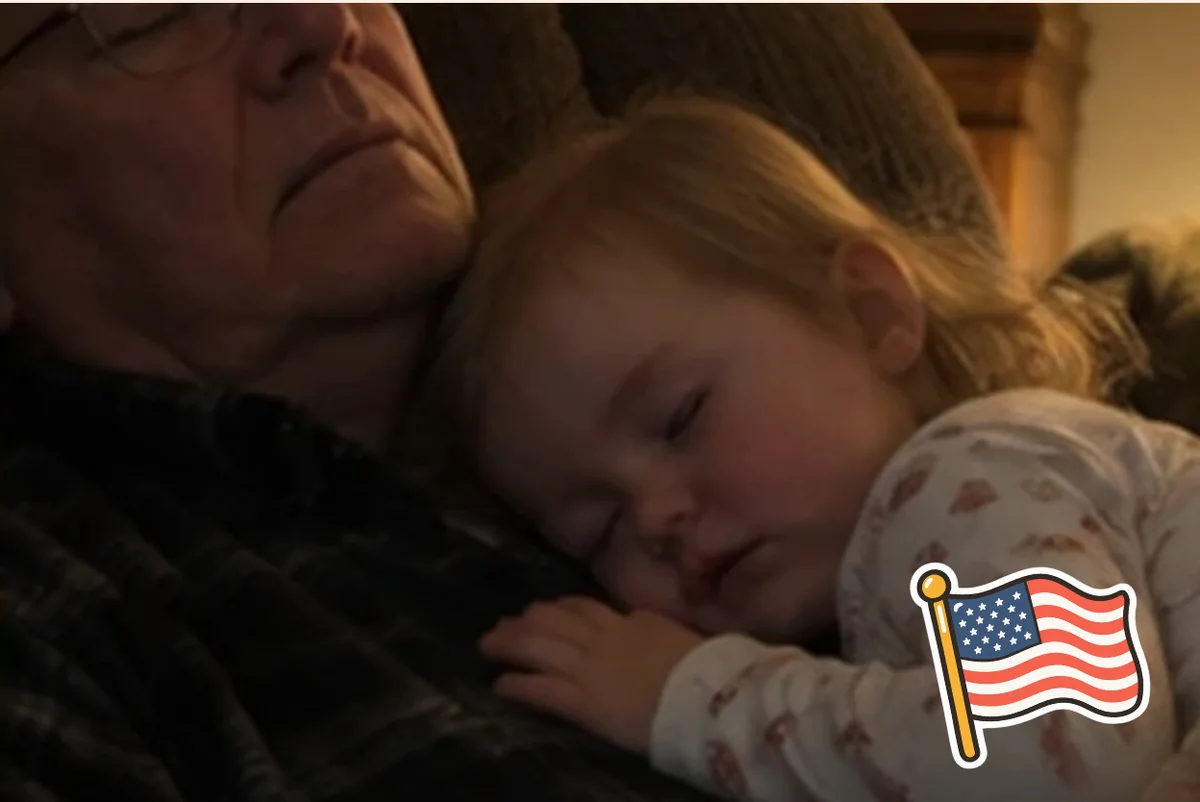 Card front with one full photo of a grandfather asleep in his armchair with a toddler on his chest, and a flag sticker in the corner