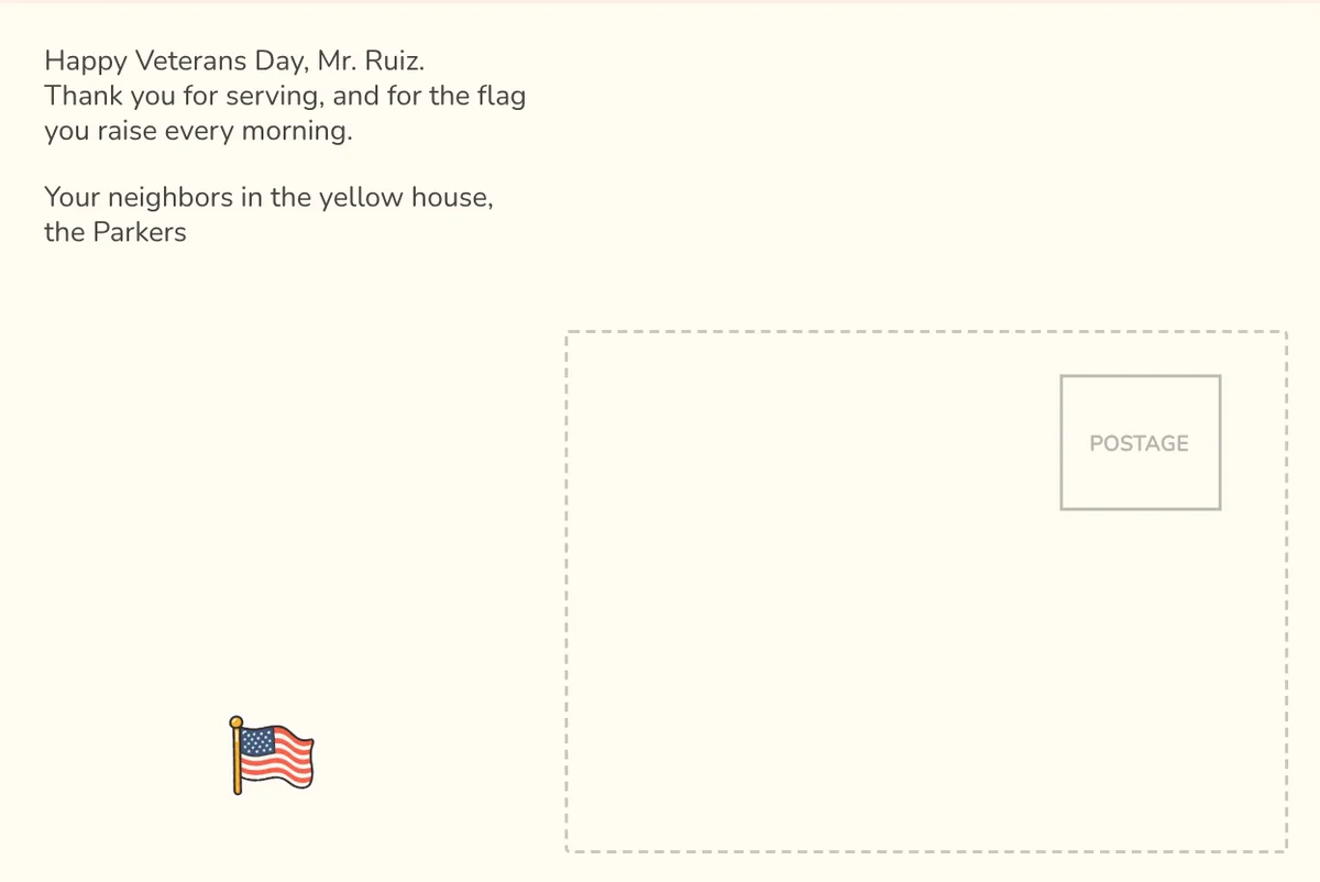 Plain cream card back with a note to a neighbor who raises his flag every morning, signed from the yellow house, with a flag sticker