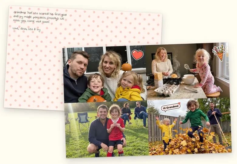 An example postcard: four family photos with stickers on the front, and a handwritten note to Grandma Pat on the back